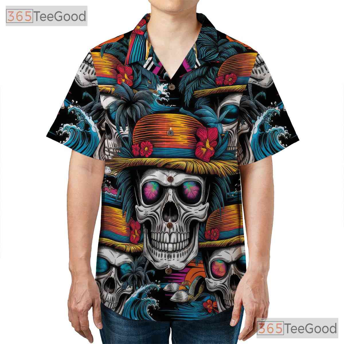 Sunset Skull Tropical Palm Tree Hawaiian Shirt Men Women Gothic Beachwear