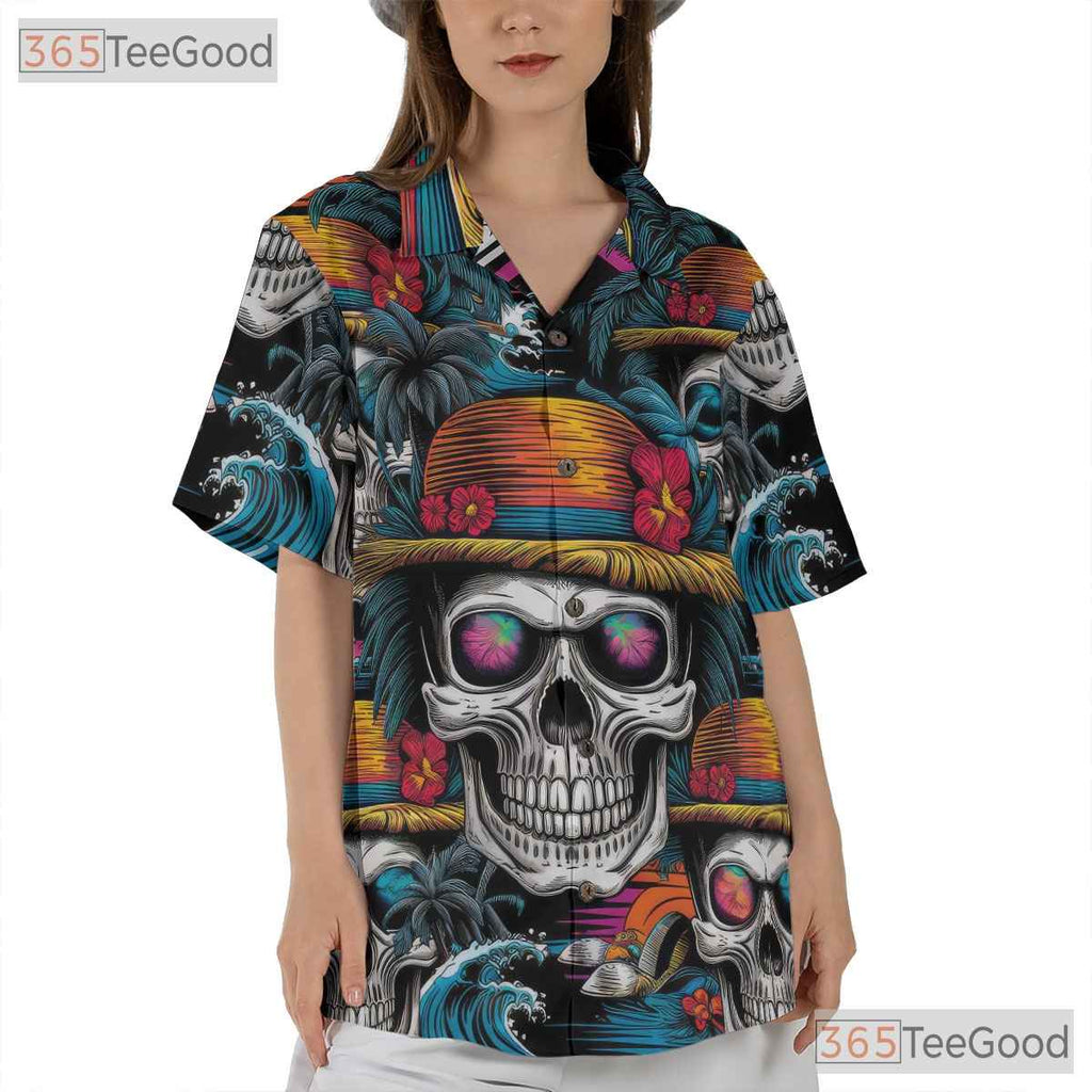 Sunset Skull Tropical Palm Tree Hawaiian Shirt Men Women Gothic Beachwear
