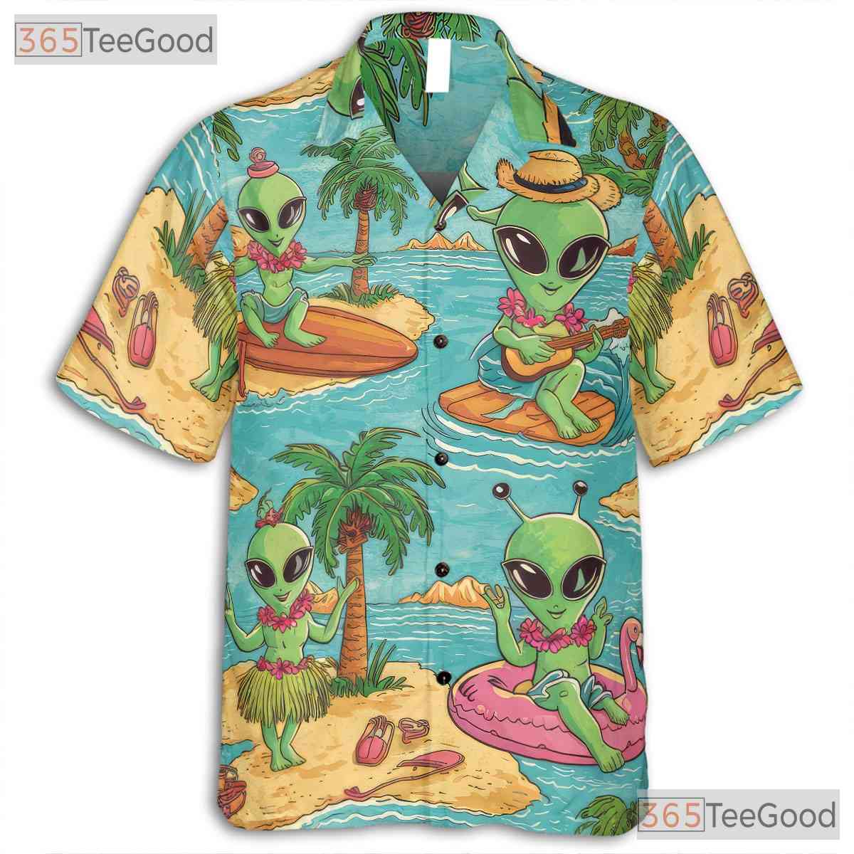 Surfer Beach Alien UFO Hawaiian Shirt - Men's Sci-Fi Tropical Aloha Print