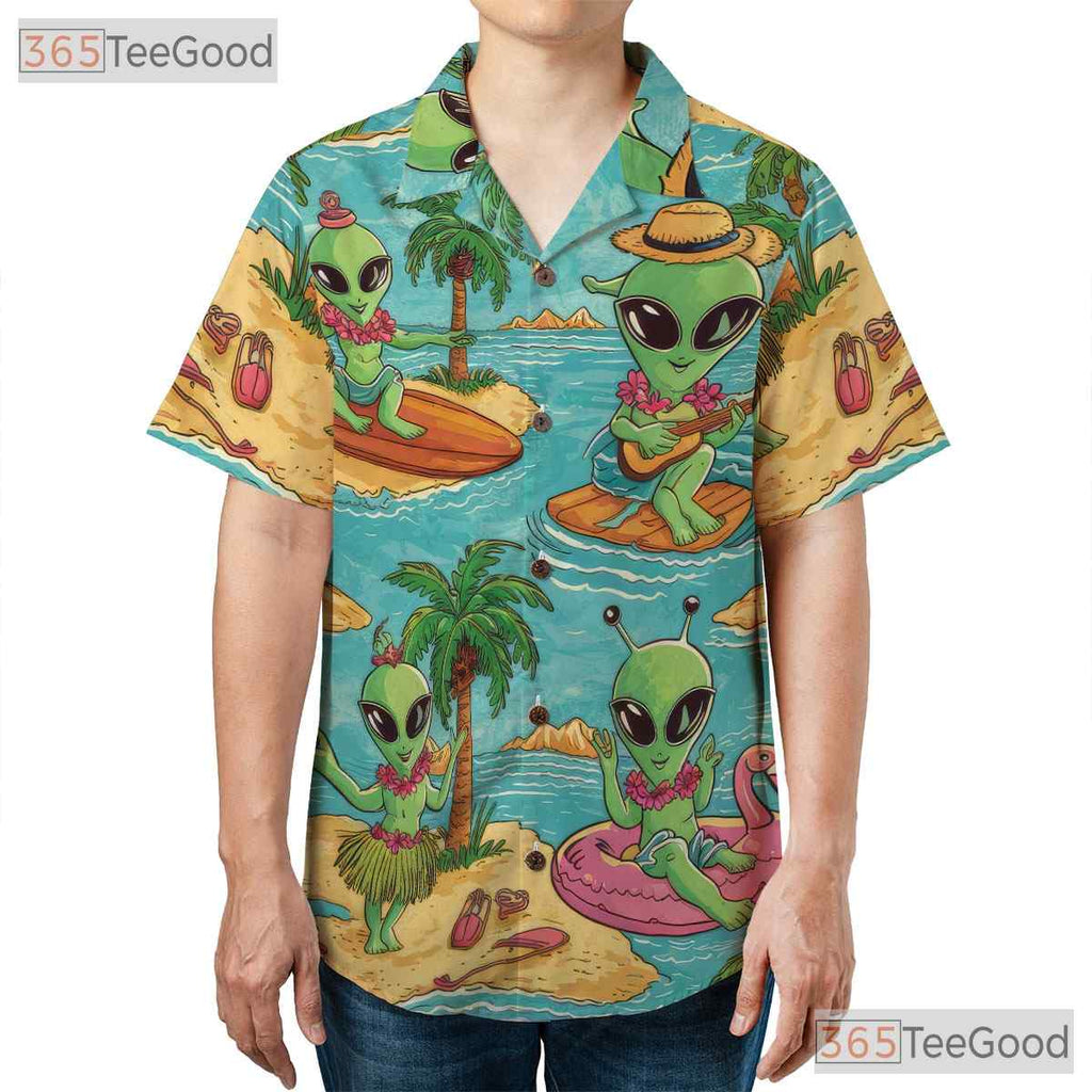 Surfer Beach Alien UFO Hawaiian Shirt - Men's Sci-Fi Tropical Aloha Print