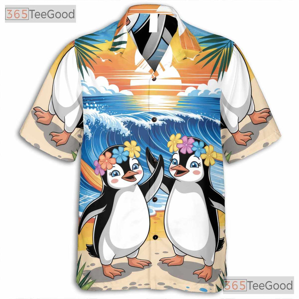 Surfing Penguin Ocean Wave Hawaiian Shirt- Unisex Tropical Aloha Beach Top