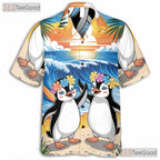Surfing Penguin Ocean Wave Hawaiian Shirt- Unisex Tropical Aloha Beach Top