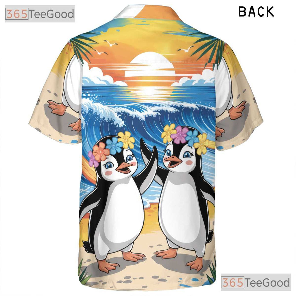Surfing Penguin Ocean Wave Hawaiian Shirt- Unisex Tropical Aloha Beach Top