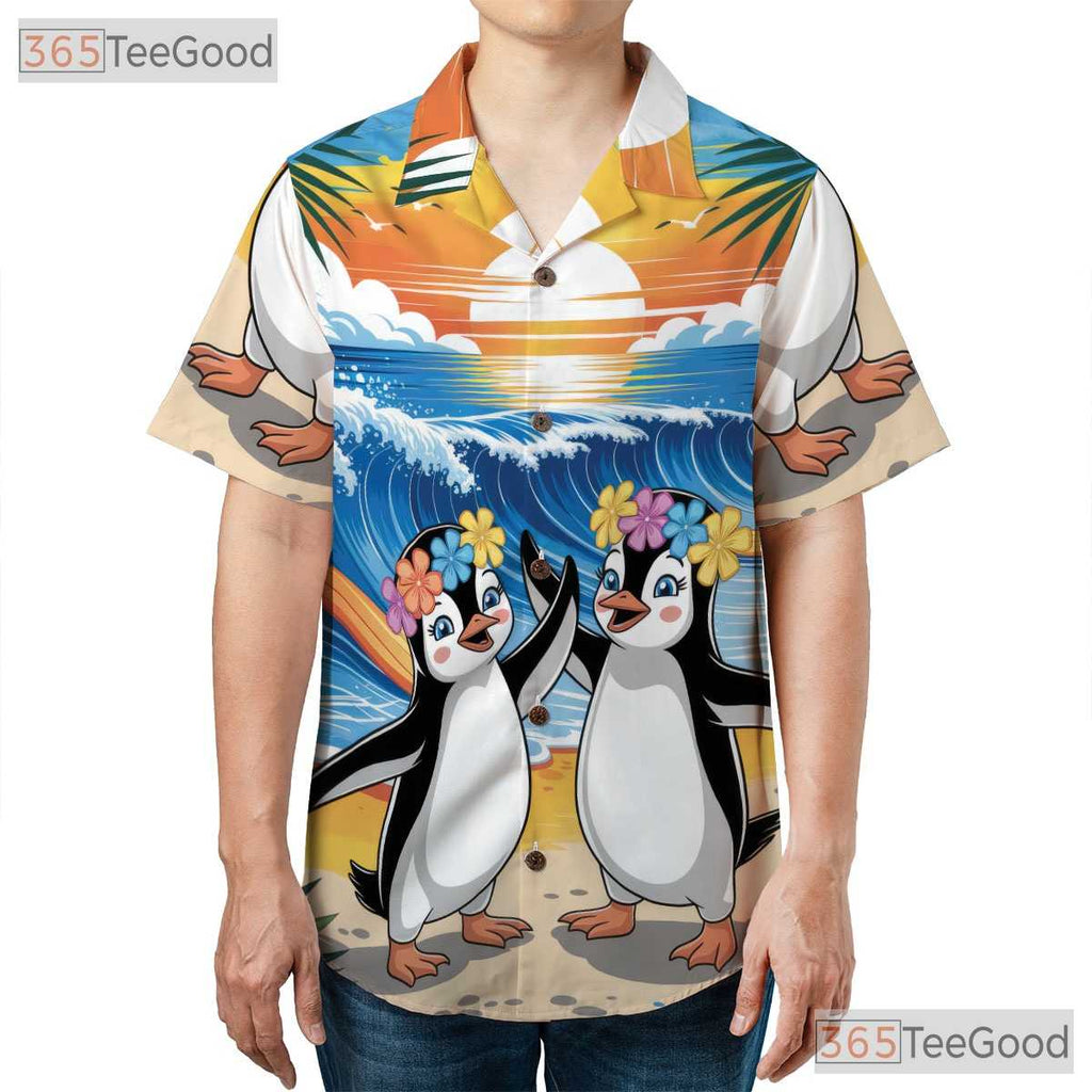 Surfing Penguin Ocean Wave Hawaiian Shirt- Unisex Tropical Aloha Beach Top