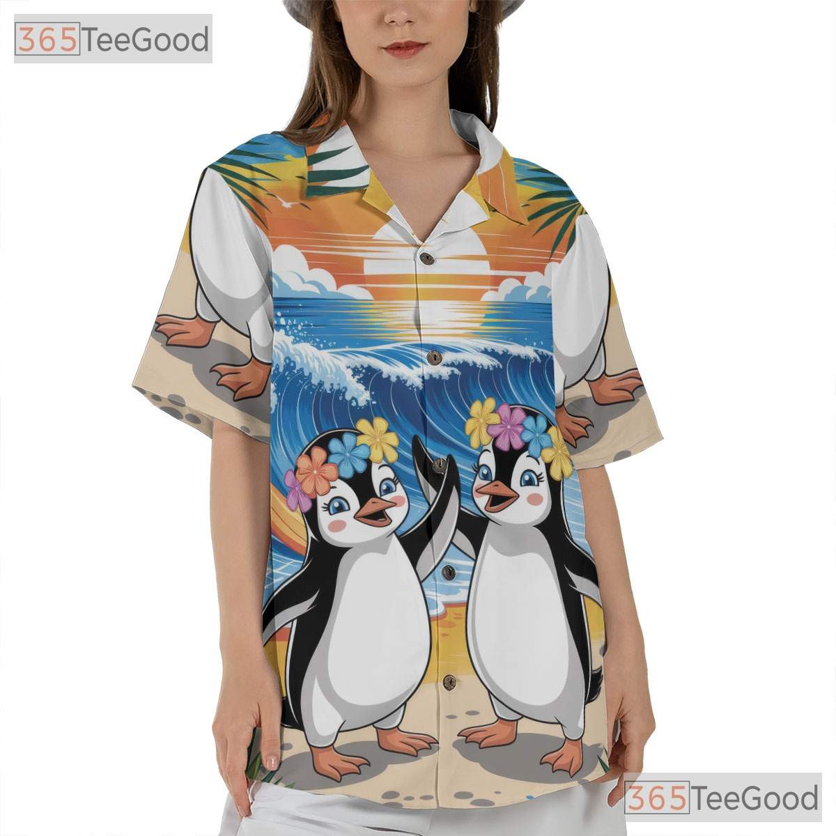 Surfing Penguin Ocean Wave Hawaiian Shirt- Unisex Tropical Aloha Beach Top