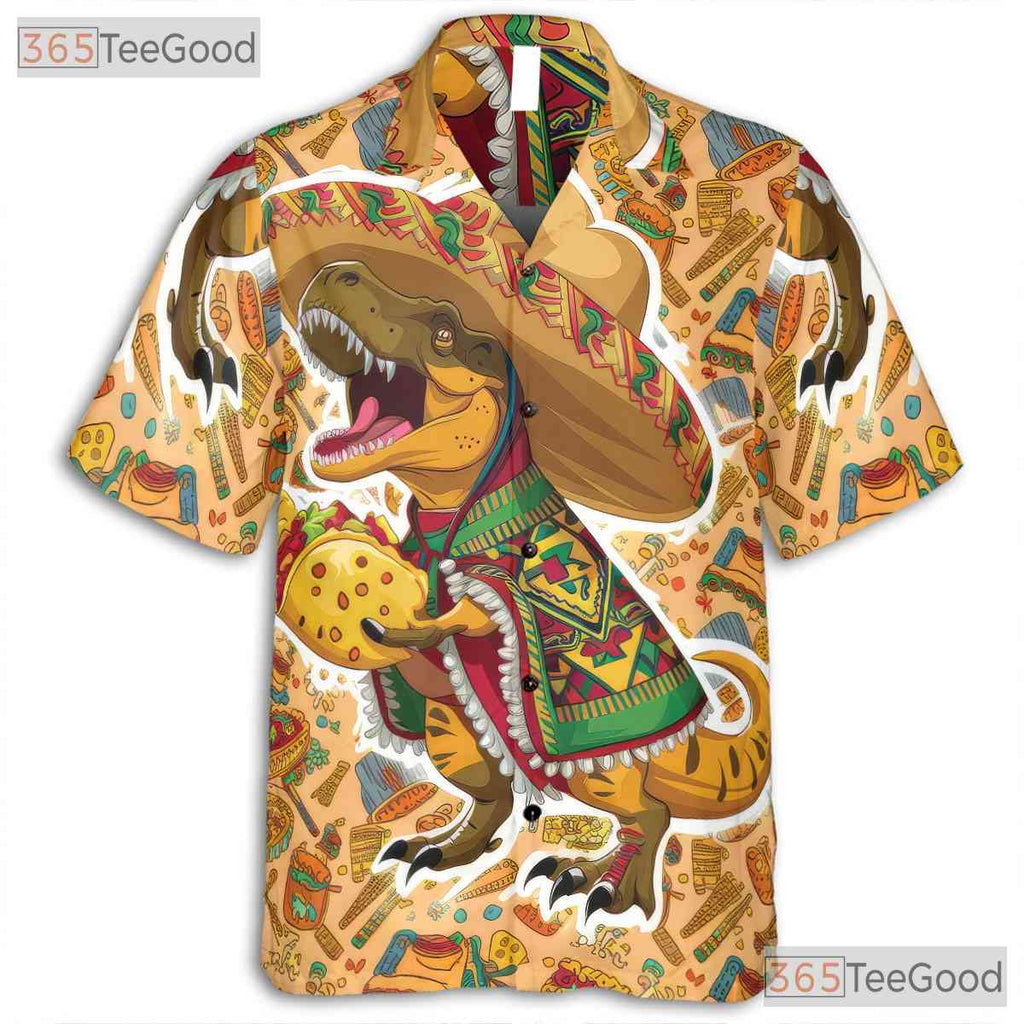 T-Rex Taco Party Hawaiian Shirt Men, Funny Dinosaur Sombrero Print