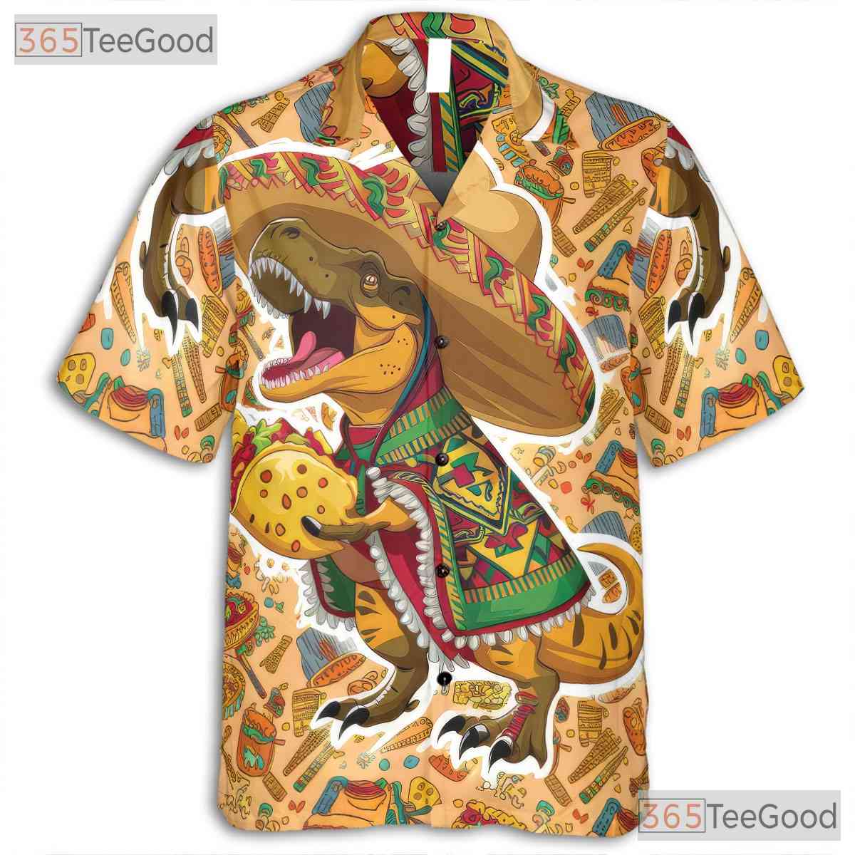 T-Rex Taco Party Hawaiian Shirt Men, Funny Dinosaur Sombrero Print