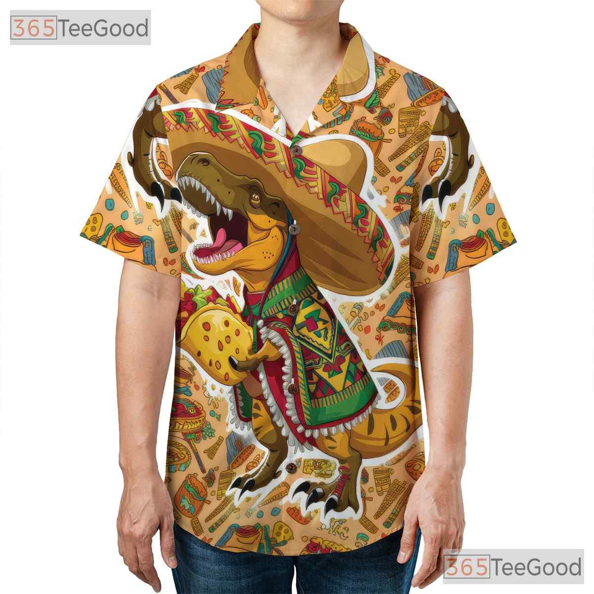 T-Rex Taco Party Hawaiian Shirt Men, Funny Dinosaur Sombrero Print