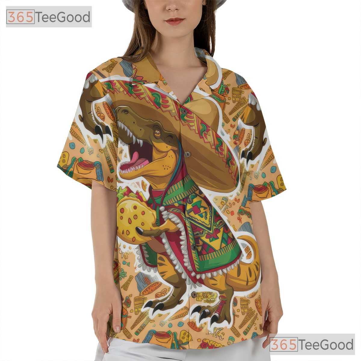 T-Rex Taco Party Hawaiian Shirt Men, Funny Dinosaur Sombrero Print