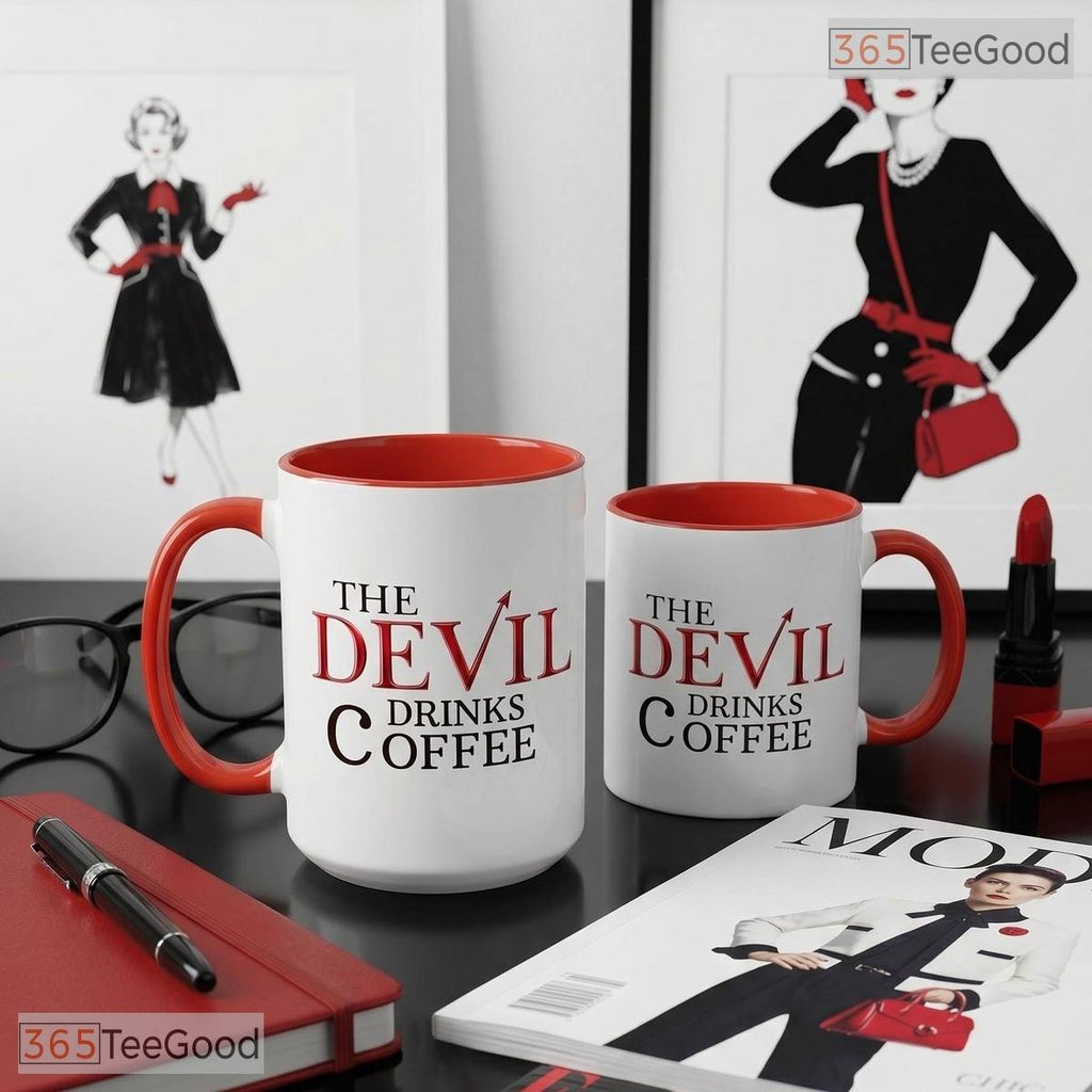 The Devil Drinks Coffee Glossy Typography Humor Quote Two Tone Premium Ceramic Accent Mug