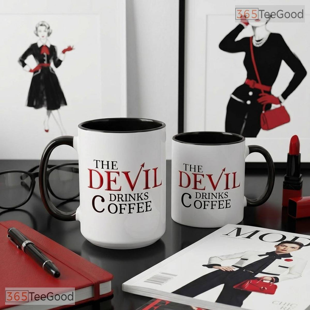 The Devil Drinks Coffee Glossy Typography Humor Quote Two Tone Premium Ceramic Accent Mug
