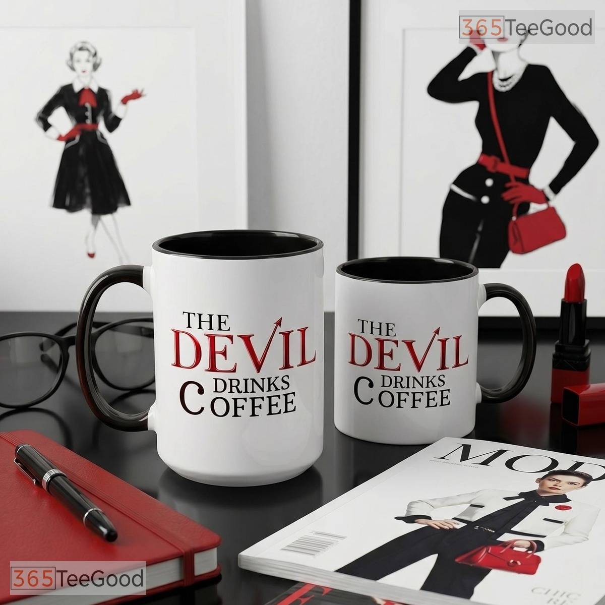 The Devil Drinks Coffee Glossy Typography Humor Quote Two Tone Premium Ceramic Accent Mug