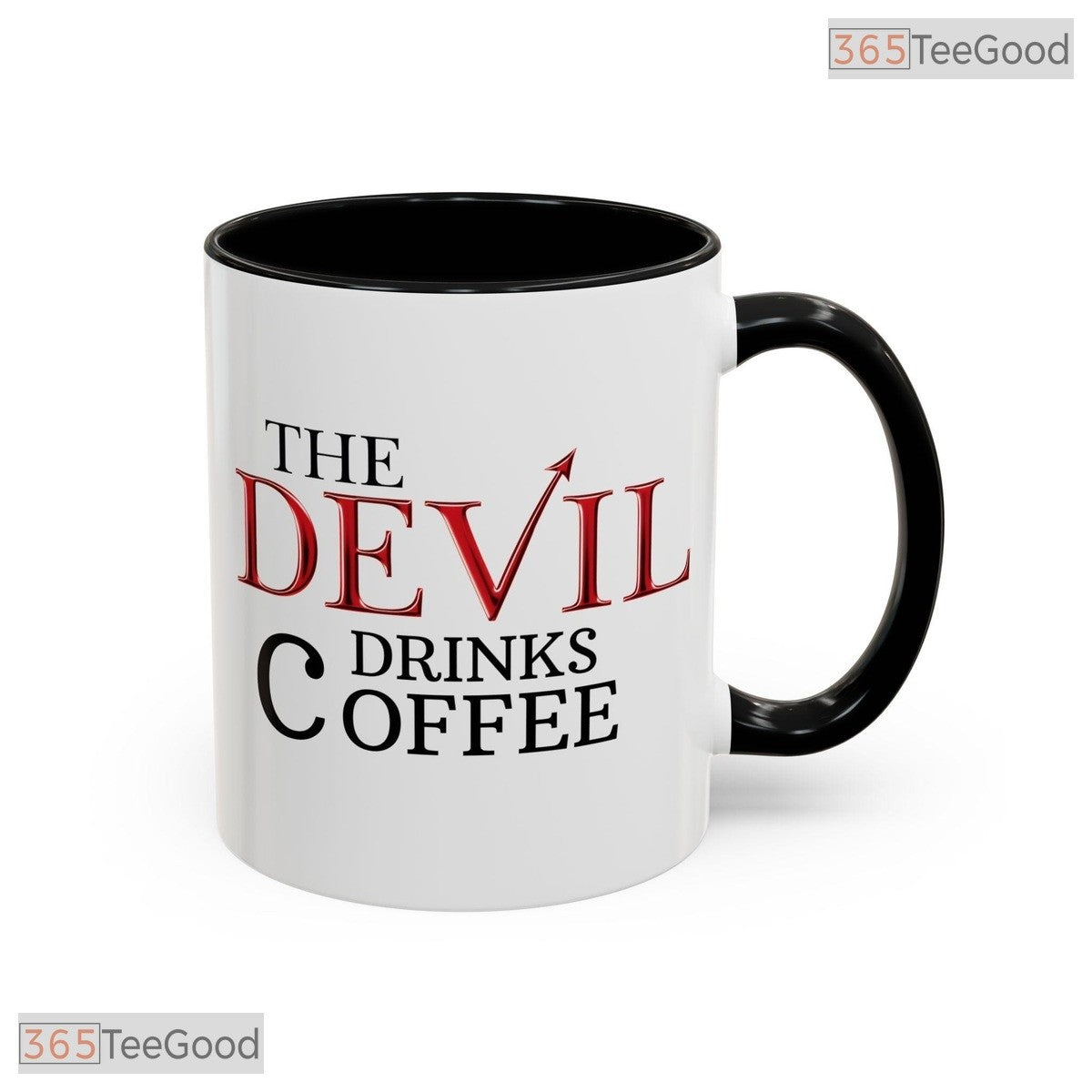 The Devil Drinks Coffee Glossy Typography Humor Quote Two Tone Premium Ceramic Accent Mug