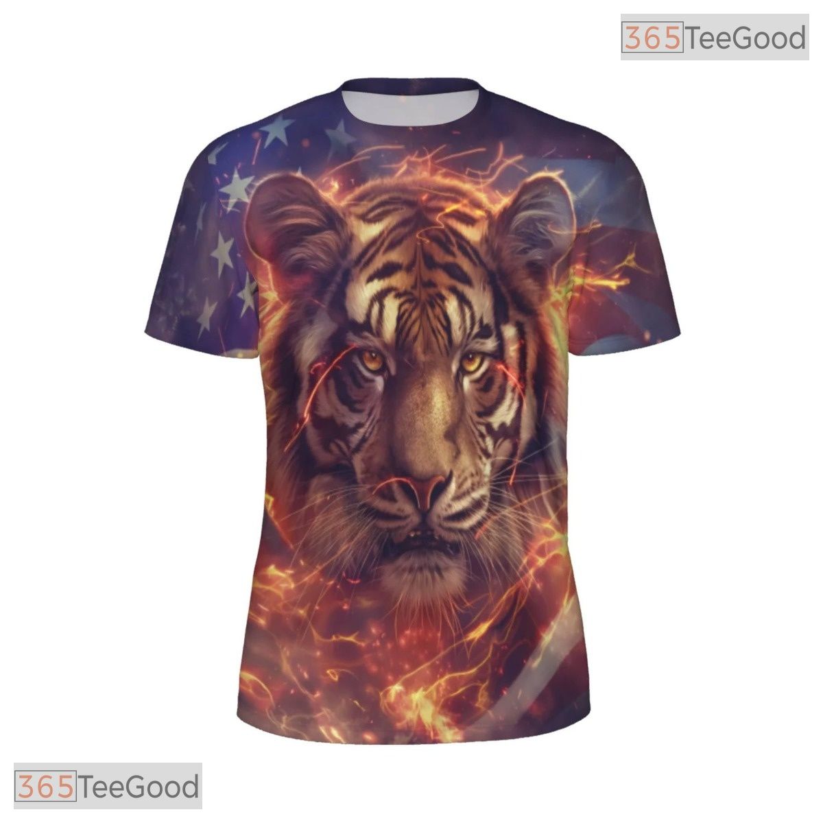 Fierce Tiger American Flag Graphic 3D Pattern Printed Casual Unisex T-Shirt Top