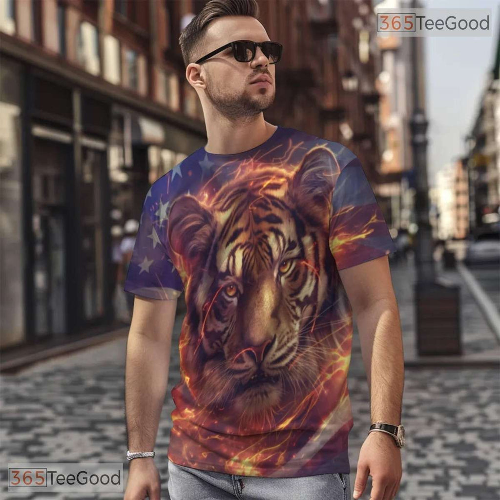 Fierce Tiger American Flag Graphic 3D Pattern Printed Casual Unisex T-Shirt Top