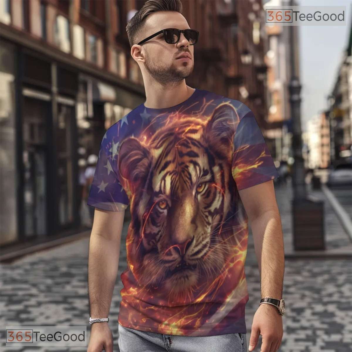 Fierce Tiger American Flag Graphic 3D Pattern Printed Casual Unisex T-Shirt Top