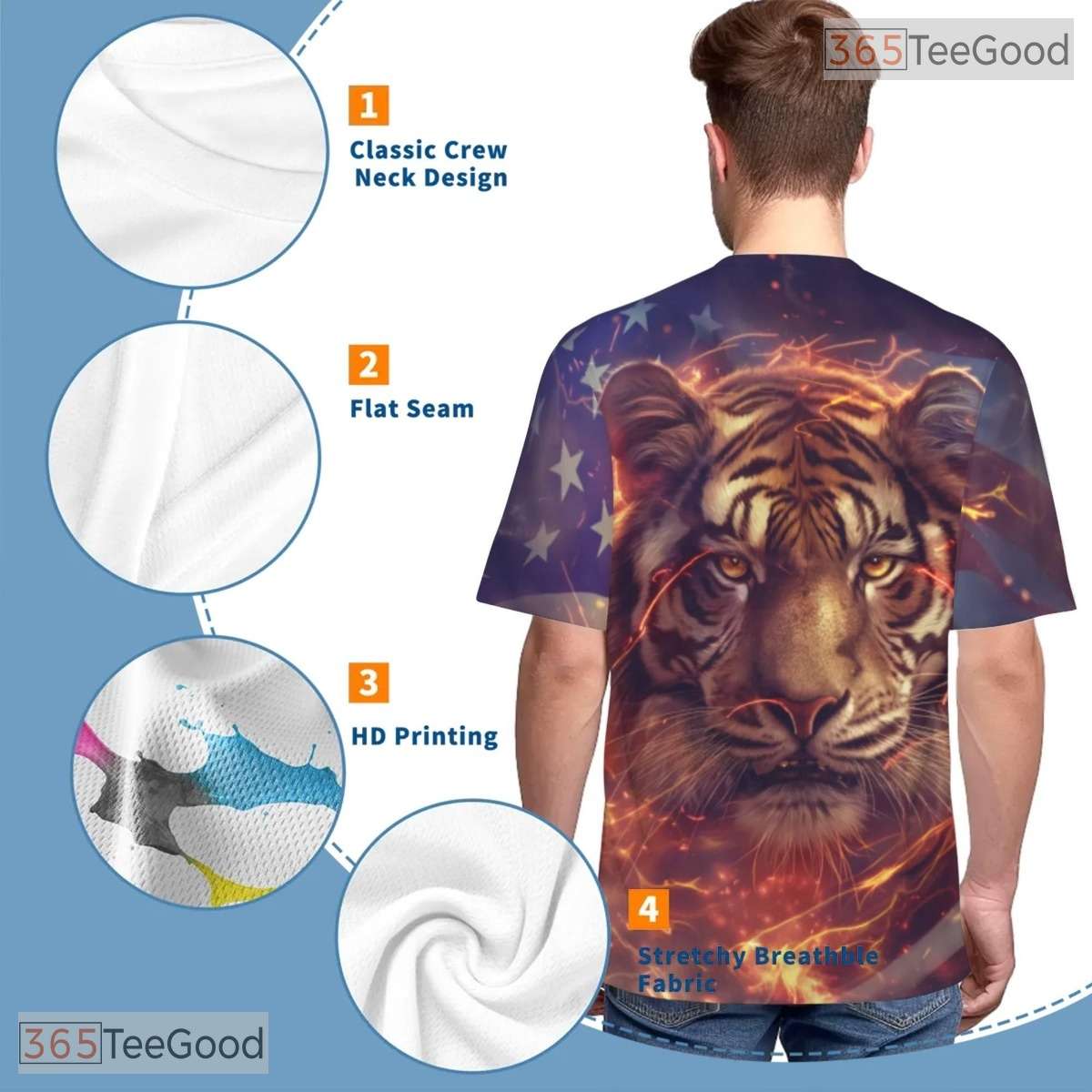 Fierce Tiger American Flag Graphic 3D Pattern Printed Casual Unisex T-Shirt Top