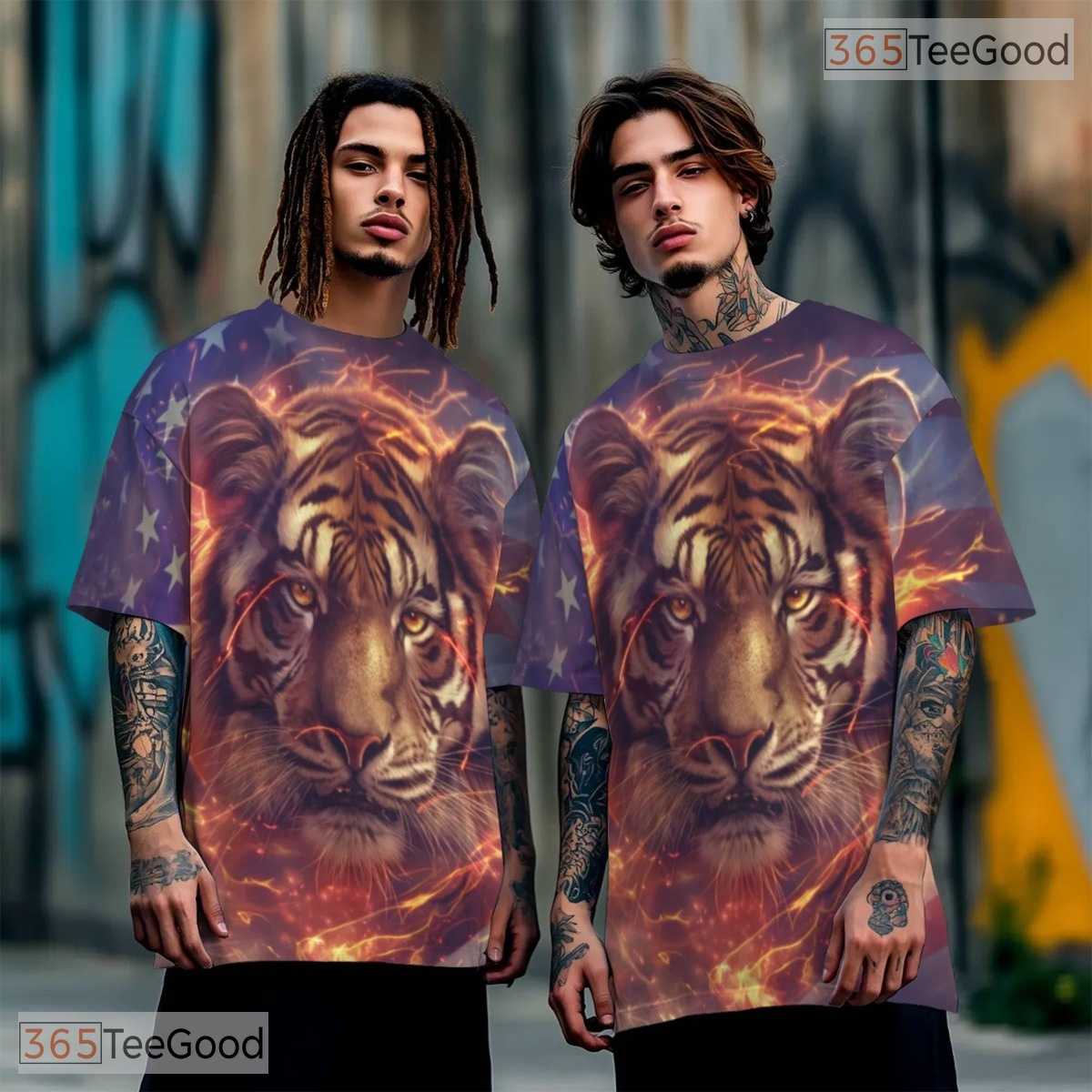 Fierce Tiger American Flag Graphic 3D Pattern Printed Casual Unisex T-Shirt Top