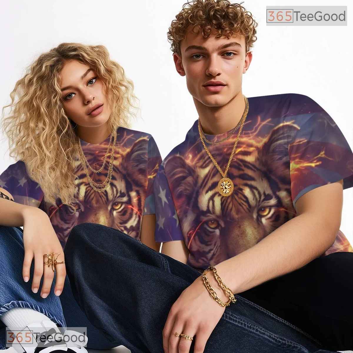 Fierce Tiger American Flag Graphic 3D Pattern Printed Casual Unisex T-Shirt Top