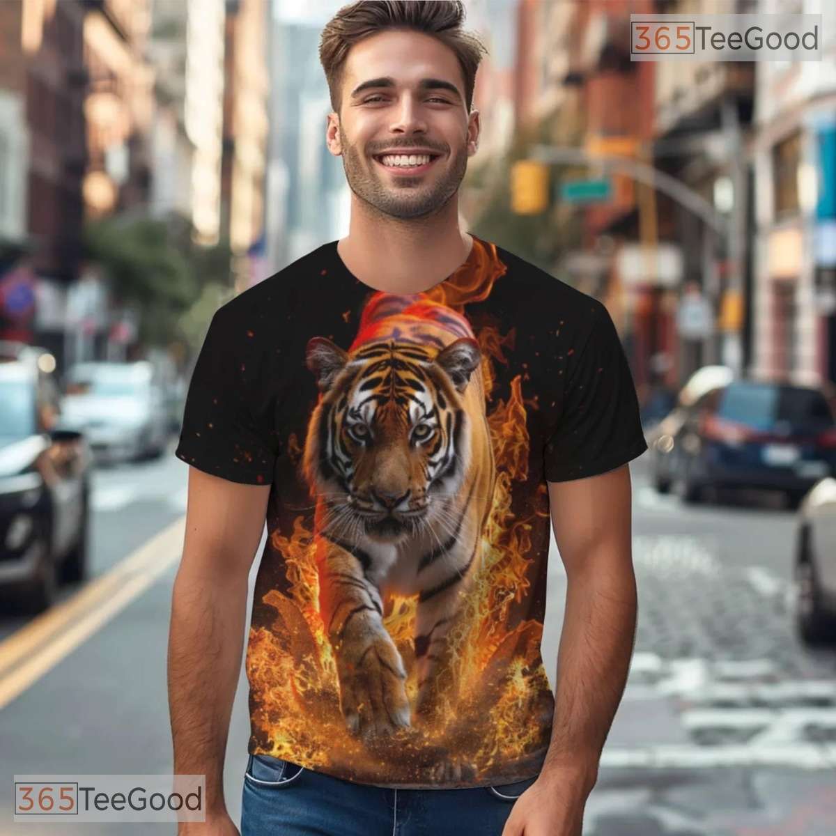Blazing Tiger Flame Animal Graphic 3D Printed Casual Short Sleeve Unisex T-Shirt