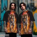 Blazing Tiger Flame Animal Graphic 3D Printed Casual Short Sleeve Unisex T-Shirt