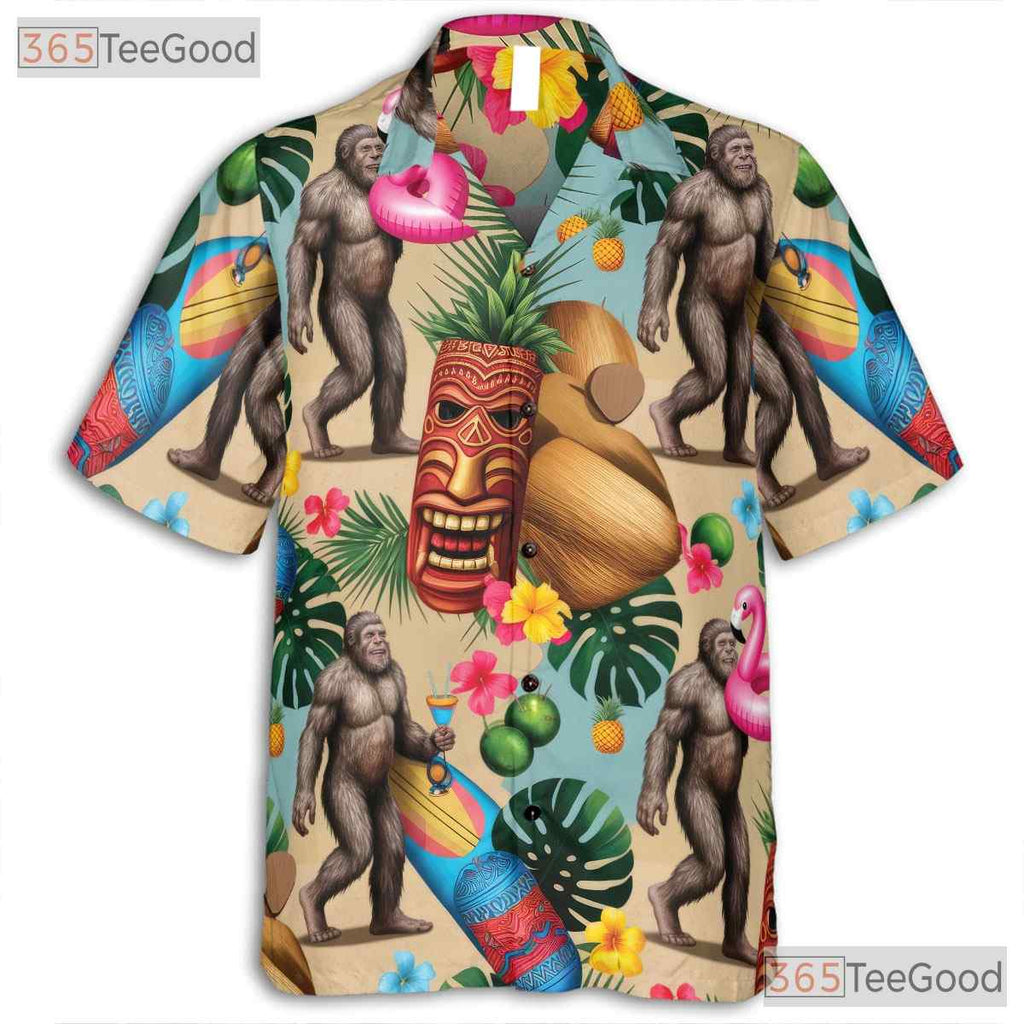 Tiki Luau Sasquatch Hawaiian Shirt- Unisex Funny Bigfoot Tropical Beach Outfit