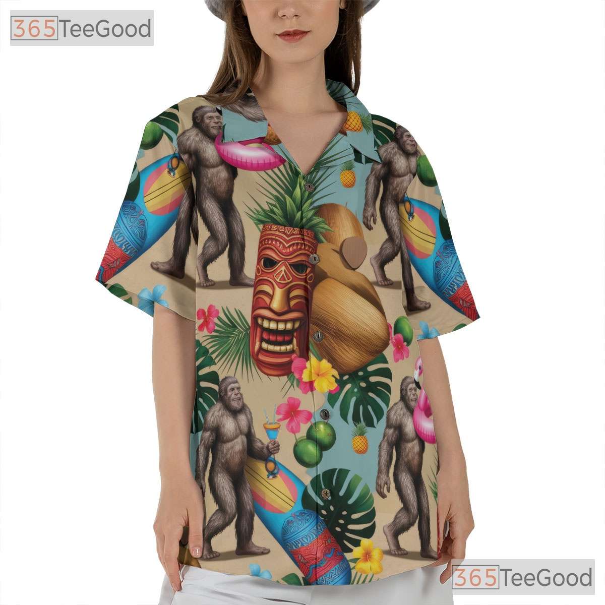 Tiki Luau Sasquatch Hawaiian Shirt- Unisex Funny Bigfoot Tropical Beach Outfit