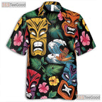 Tiki Retro Tribal Mask Fire Floral Hawaiian Shirt Unisex Aloha Summer Top
