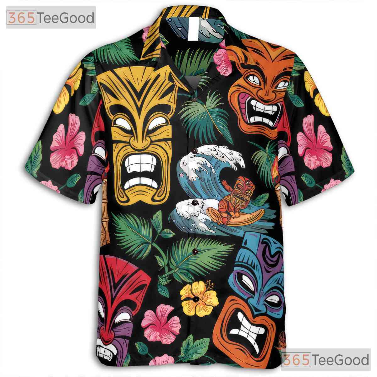 Tiki Retro Tribal Mask Fire Floral Hawaiian Shirt Unisex Aloha Summer Top