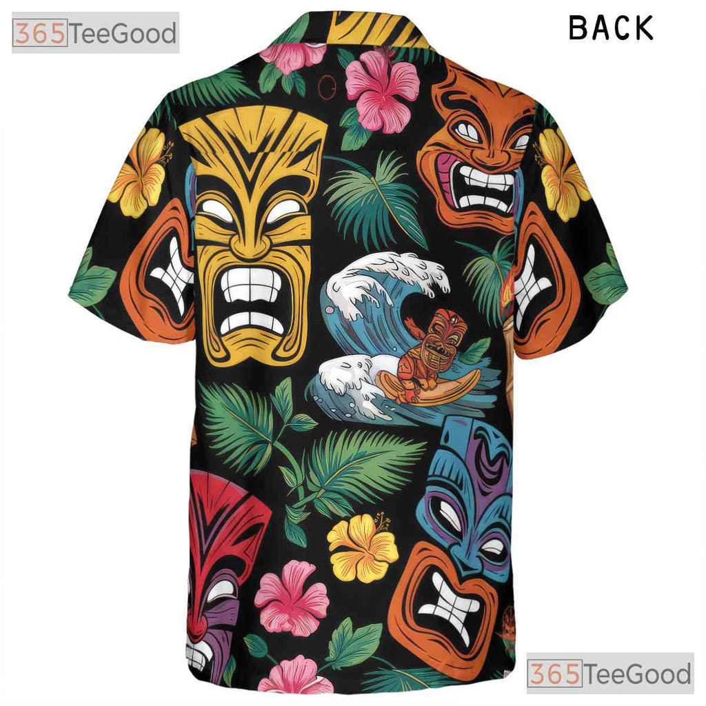Tiki Retro Tribal Mask Fire Floral Hawaiian Shirt Unisex Aloha Summer Top