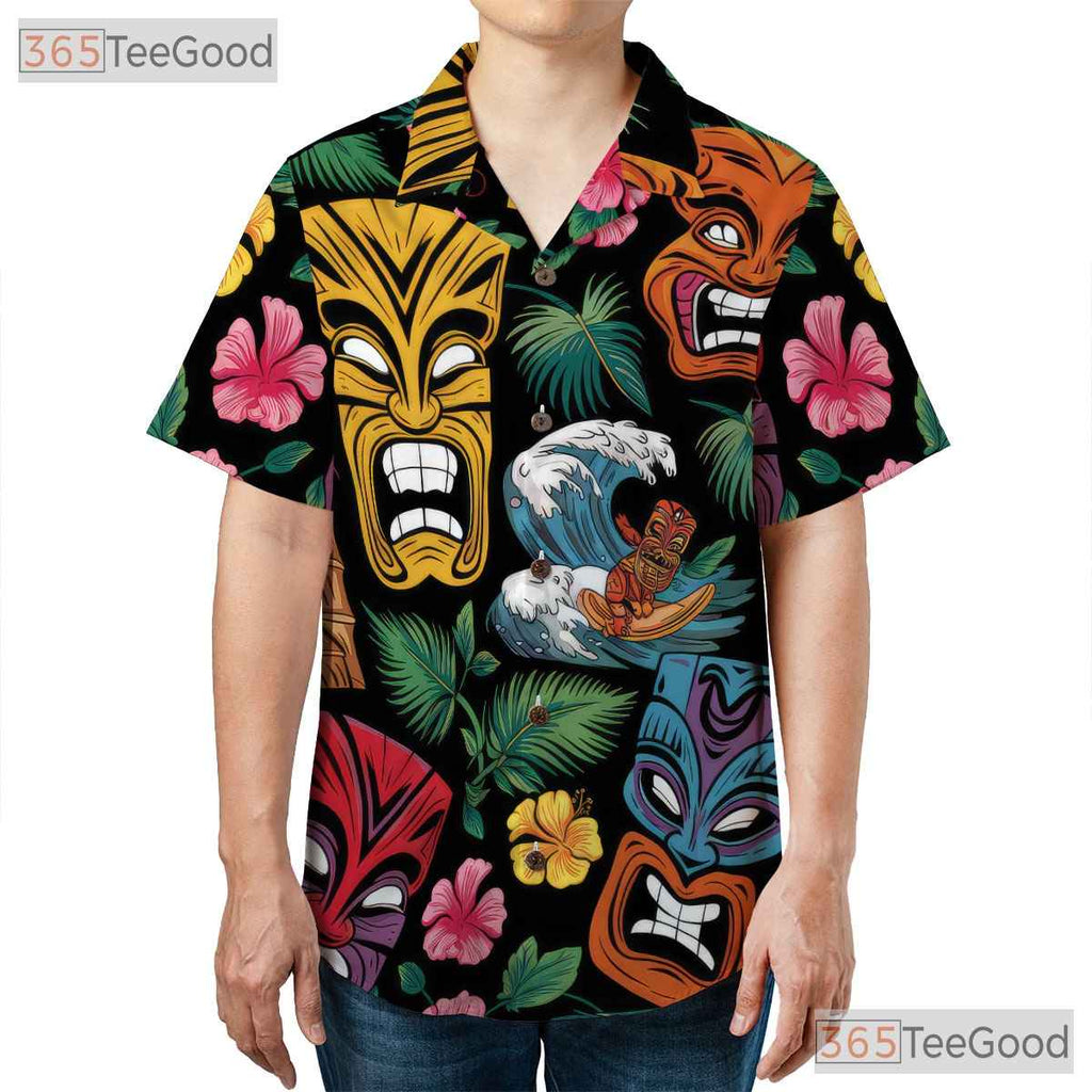 Tiki Retro Tribal Mask Fire Floral Hawaiian Shirt Unisex Aloha Summer Top