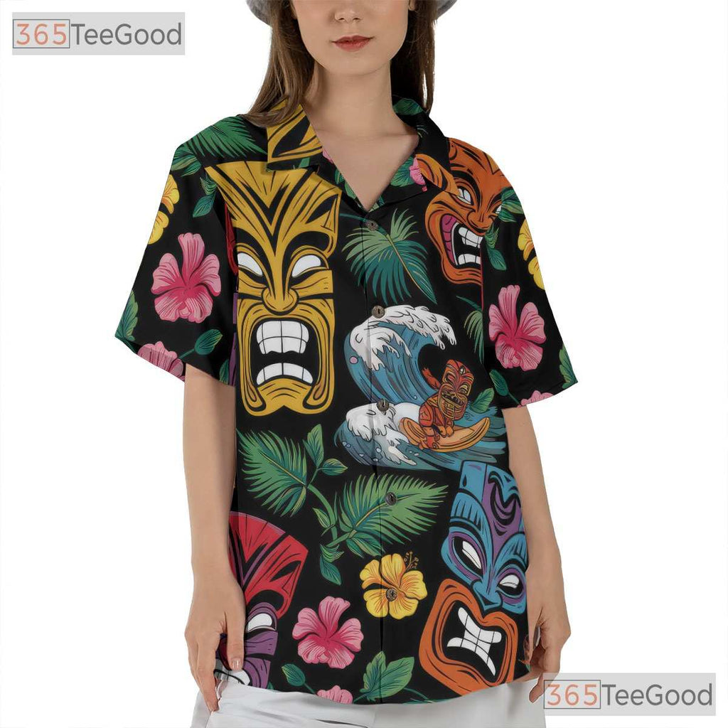 Tiki Retro Tribal Mask Fire Floral Hawaiian Shirt Unisex Aloha Summer Top