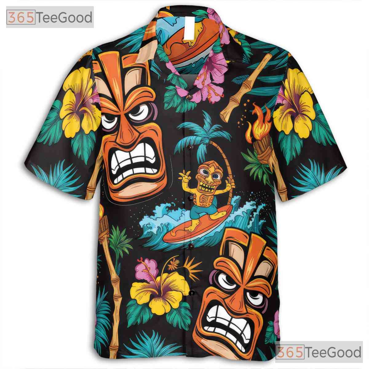 Tiki Tribal Mask Floral Fire Torch Hawaiian Tee Unisex Tropical Vacation