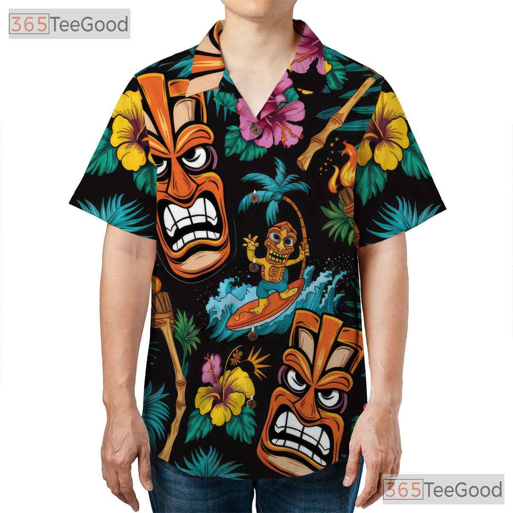 Tiki Tribal Mask Floral Fire Torch Hawaiian Tee Unisex Tropical Vacation