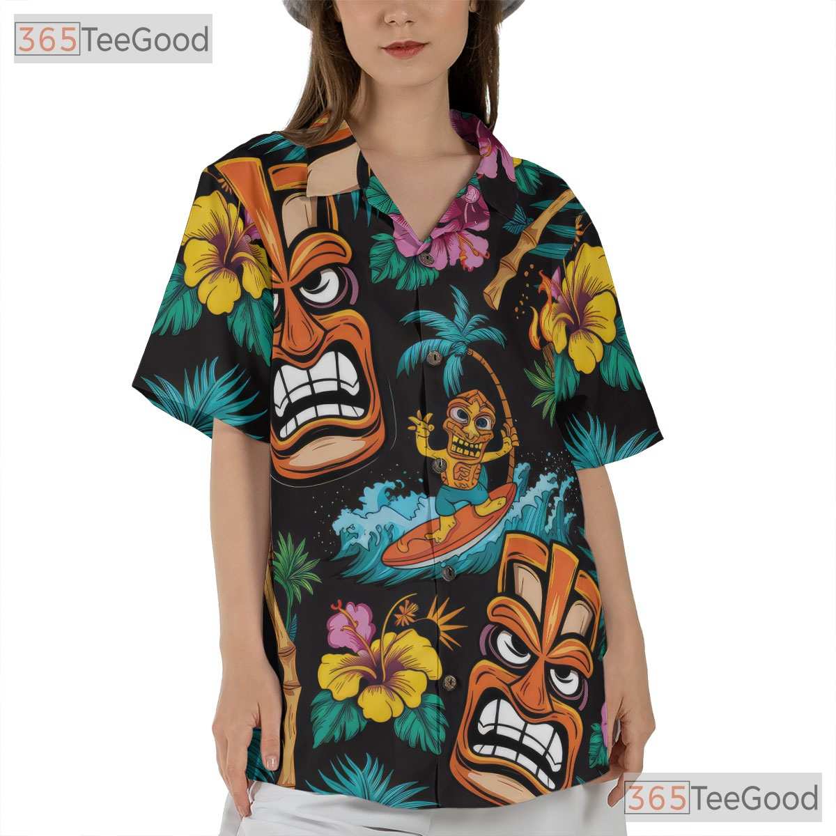 Tiki Tribal Mask Floral Fire Torch Hawaiian Tee Unisex Tropical Vacation