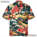 Traditional Koi Fish Hawaiian Shirt - Adult Japanese Wave Pattern Aloha