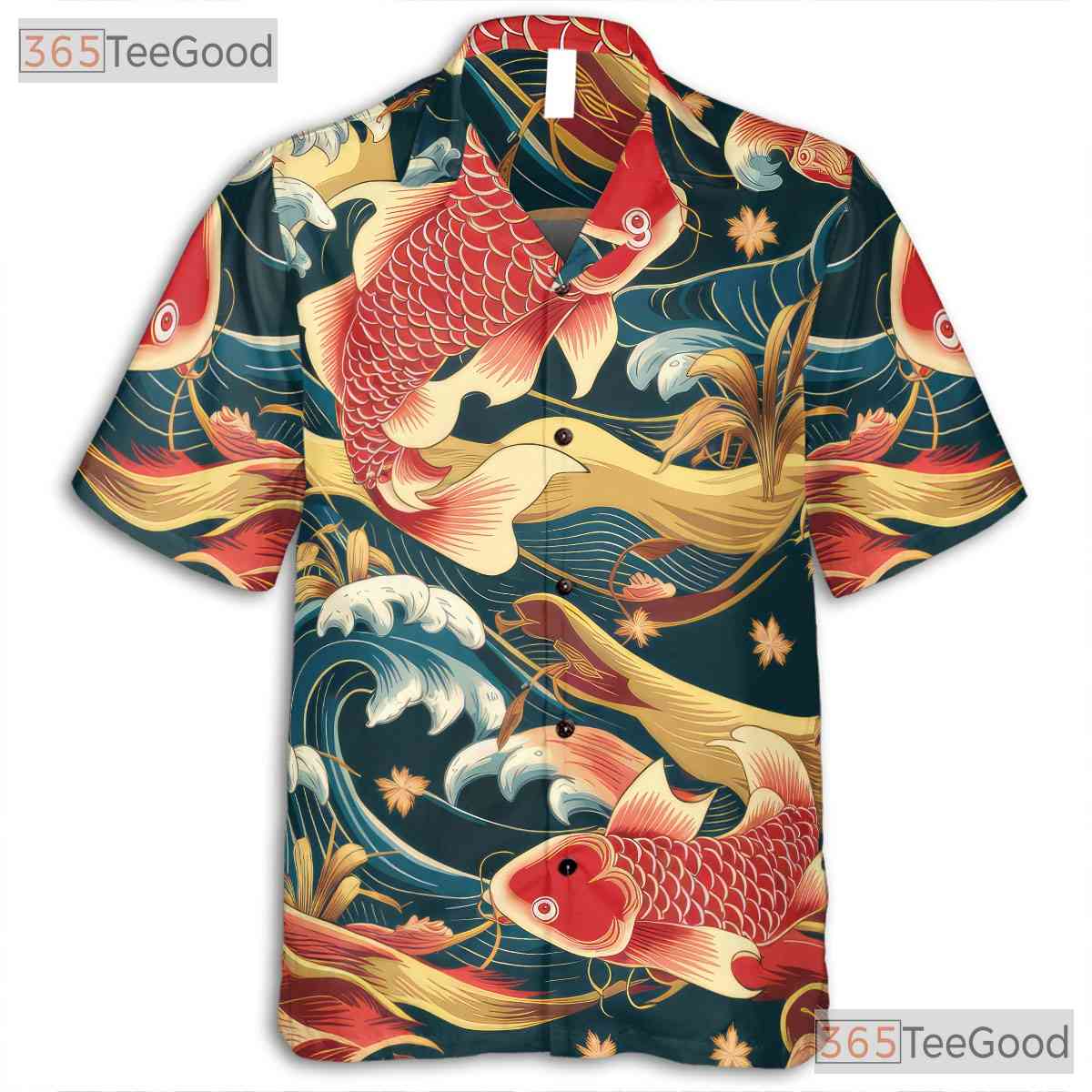 Traditional Koi Fish Hawaiian Shirt - Adult Japanese Wave Pattern Aloha