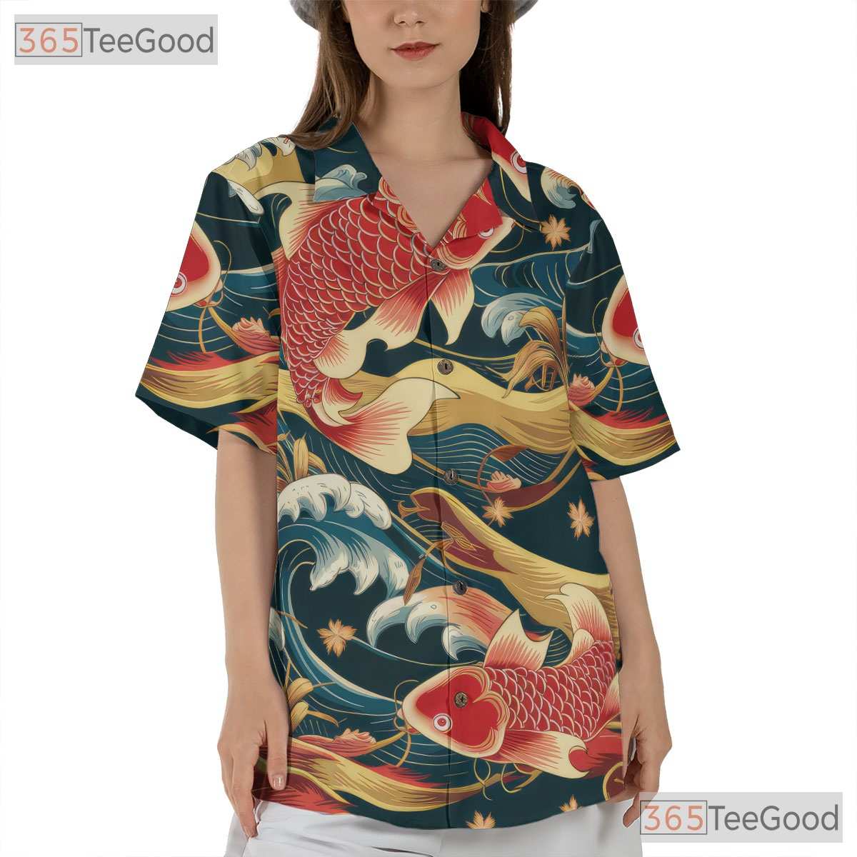 Traditional Koi Fish Hawaiian Shirt - Adult Japanese Wave Pattern Aloha