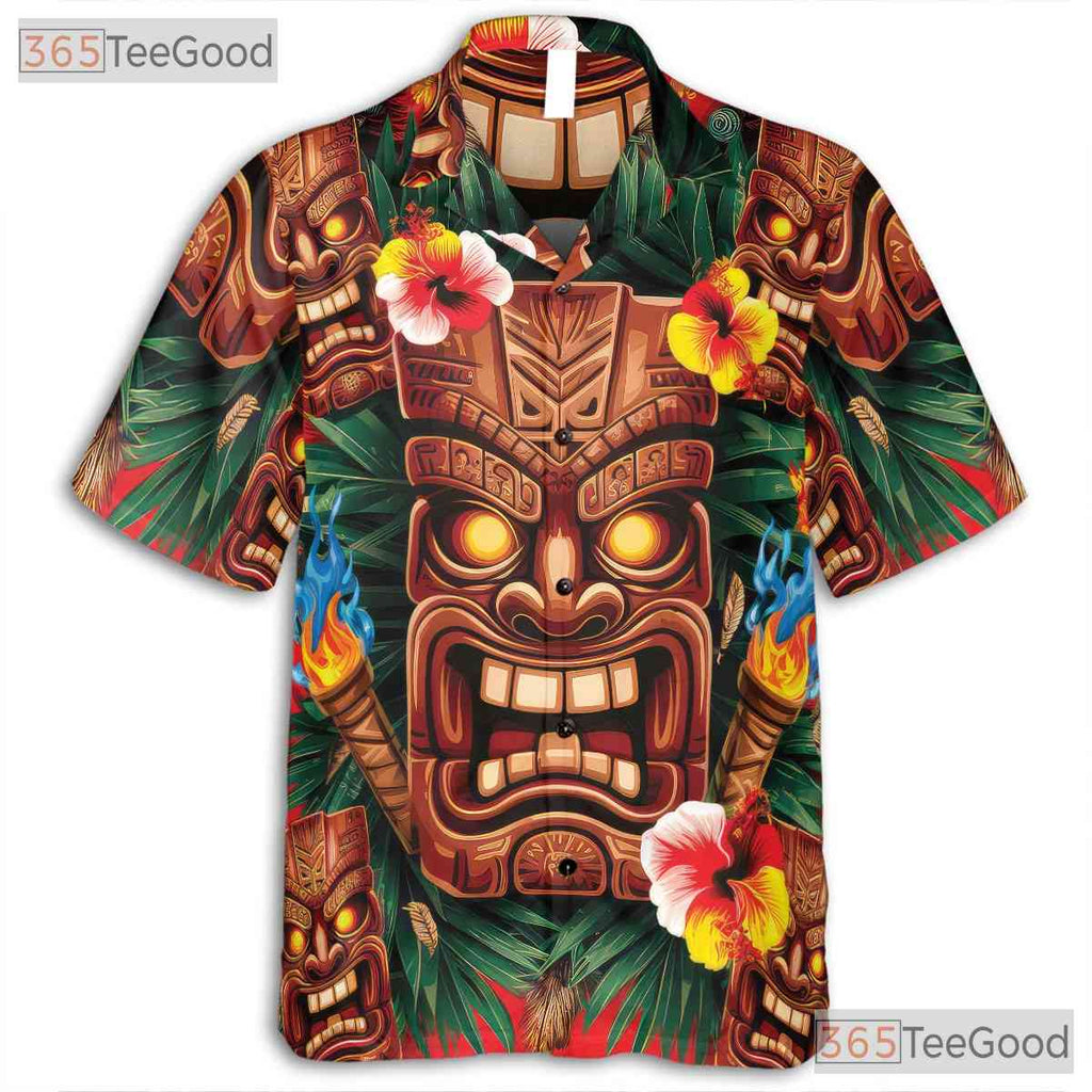 Tribal Flame Tiki Mask Hawaiian Shirt Men Women, Polynesian Aloha Top