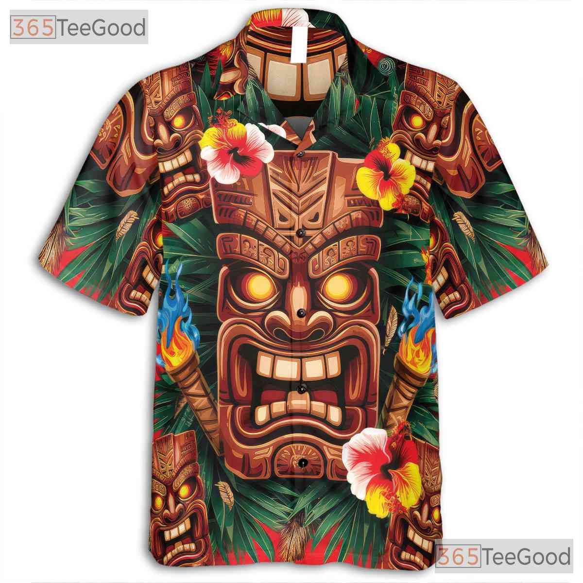 Tribal Flame Tiki Mask Hawaiian Shirt Men Women, Polynesian Aloha Top