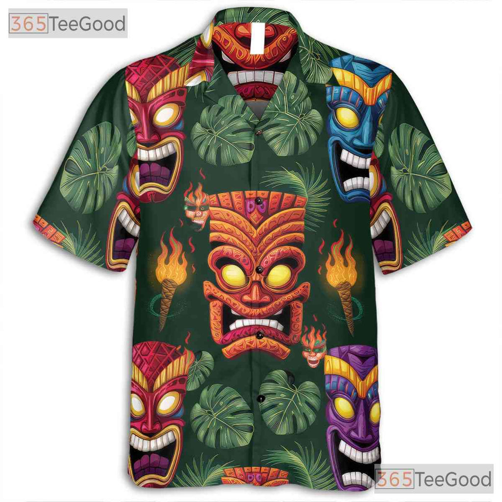 Tribal Tiki Mask Dark Tropical Leaves Hawaiian Tee Unisex Summer Party Outfit
