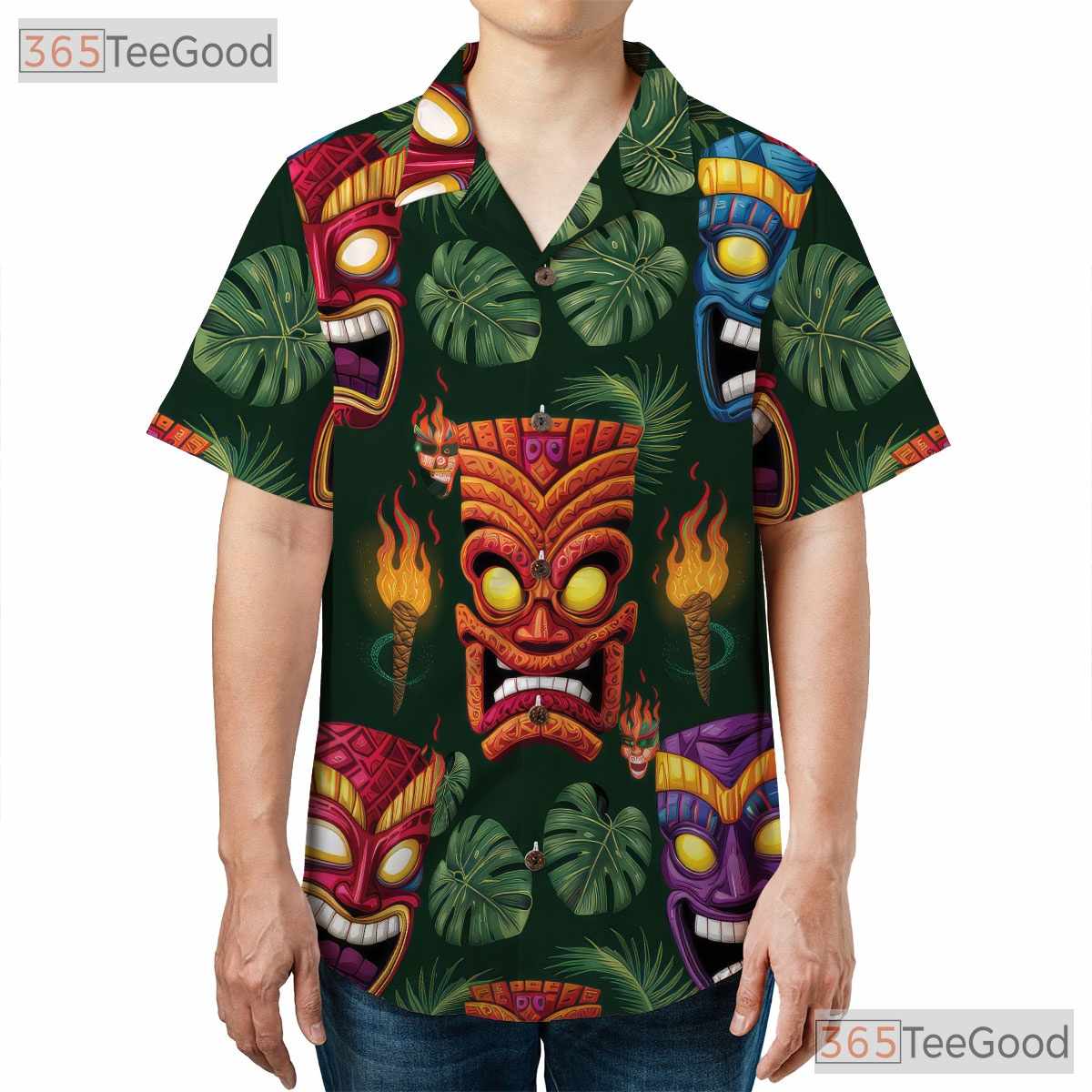 Tribal Tiki Mask Dark Tropical Leaves Hawaiian Tee Unisex Summer Party Outfit