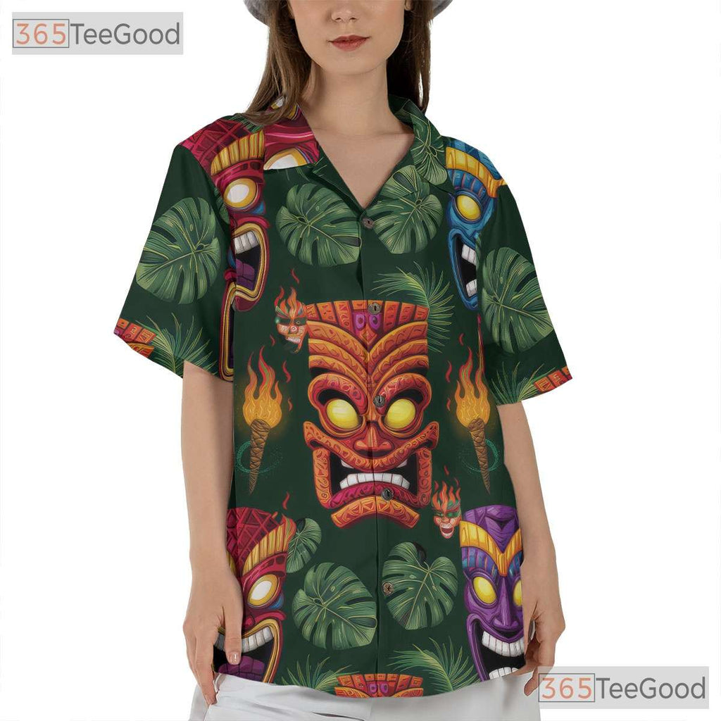 Tribal Tiki Mask Dark Tropical Leaves Hawaiian Tee Unisex Summer Party Outfit