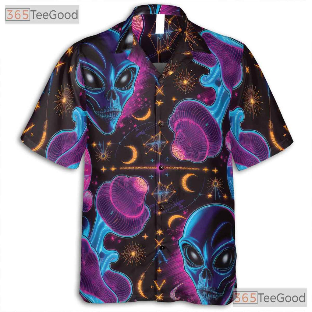 Trippy Alien Mushroom Hawaiian Tee Unisex Psychedelic Space Beach Vacation
