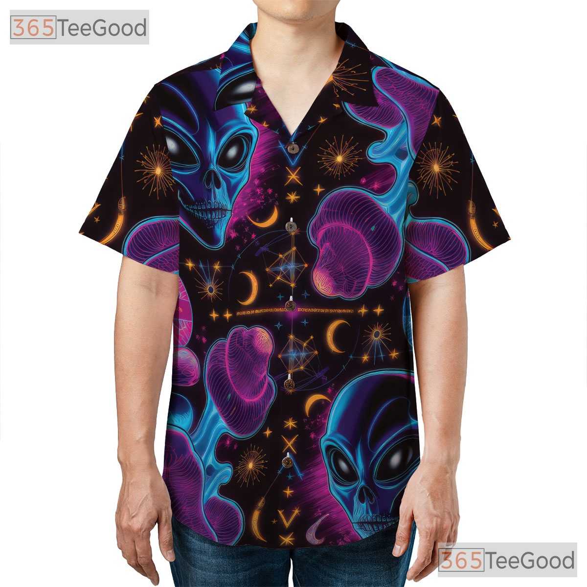 Trippy Alien Mushroom Hawaiian Tee Unisex Psychedelic Space Beach Vacation