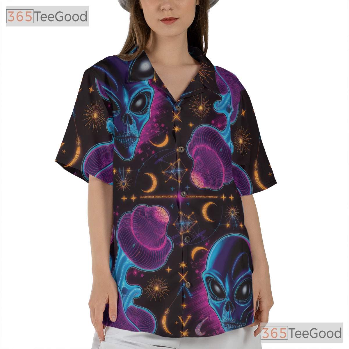 Trippy Alien Mushroom Hawaiian Tee Unisex Psychedelic Space Beach Vacation