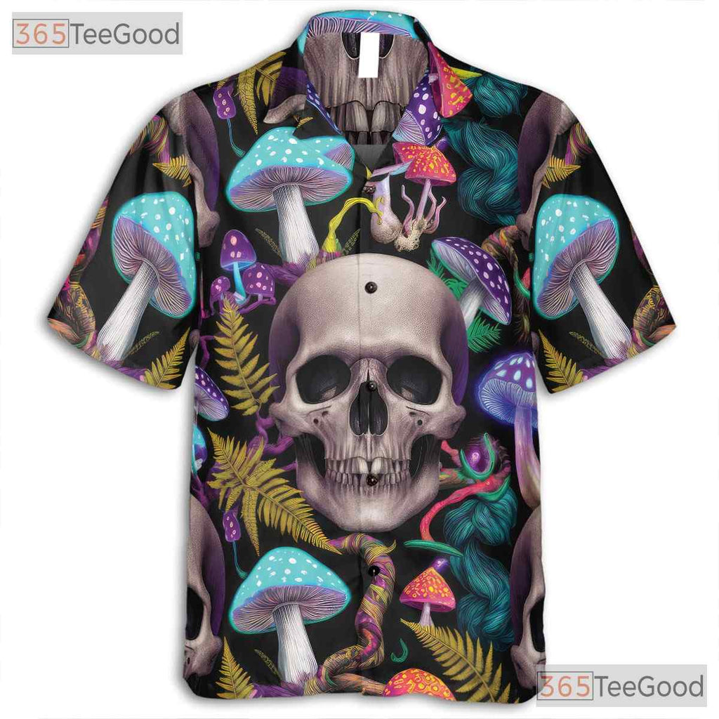 Trippy Mushroom Hawaiian Shirt - Unisex Psychedelic Skull Art Aloha Tee