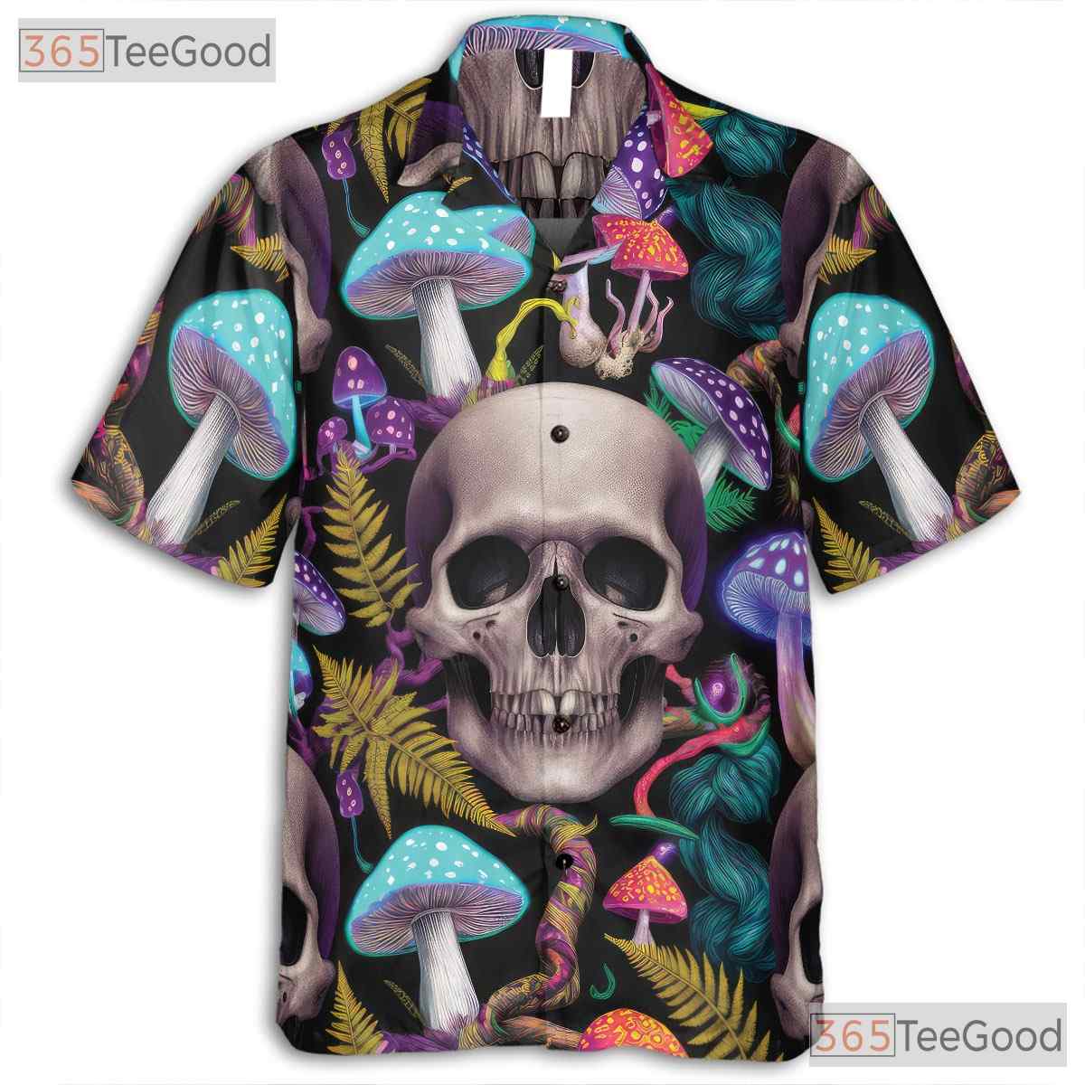 Trippy Mushroom Hawaiian Shirt - Unisex Psychedelic Skull Art Aloha Tee