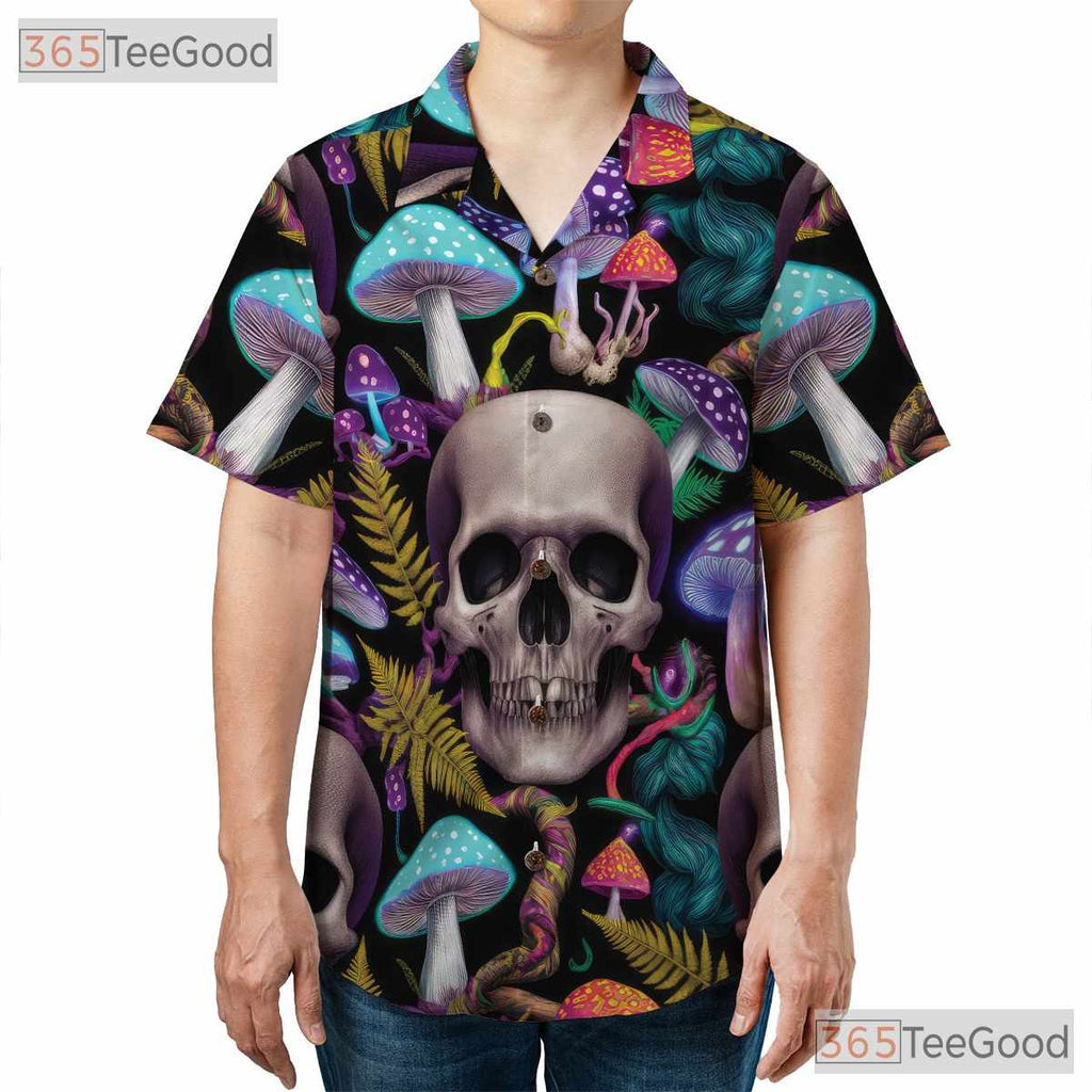 Trippy Mushroom Hawaiian Shirt - Unisex Psychedelic Skull Art Aloha Tee