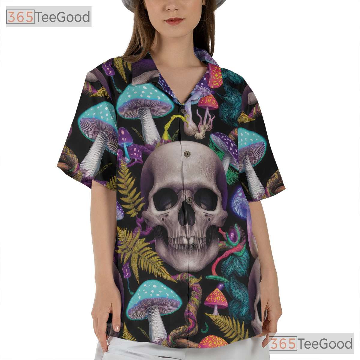 Trippy Mushroom Hawaiian Shirt - Unisex Psychedelic Skull Art Aloha Tee